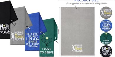 Tennis Towel Set: 4 Embroidered Towels with Clips
